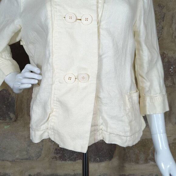 COLDWATER Creek Woman size PM 100% Linen Cream 3/4 sleeve jacket Double Button - Picture 3 of 10